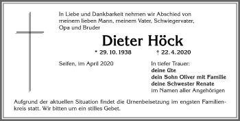 Traueranzeige von Dieter Höck von Allgäuer Anzeigeblatt