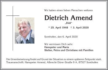 Traueranzeige von Dietrich Amend von Allgäuer Anzeigeblatt