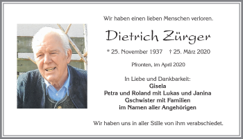 Traueranzeige von Dietrich Zürger von Allgäuer Zeitung, Füssen