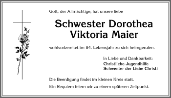 Traueranzeige von Dorothea Viktoria Maier von Allgäuer Zeitung,Kempten