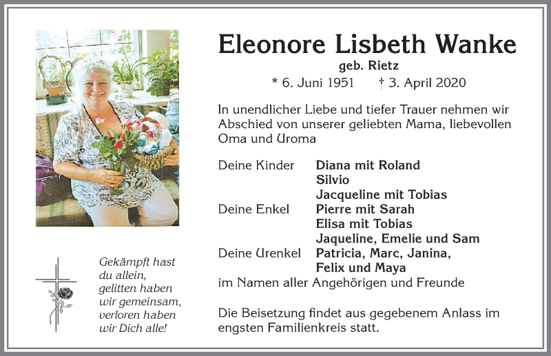  Traueranzeige für Eleonore Lisbeth Wanke vom 11.04.2020 aus Allgäuer Zeitung,Kempten