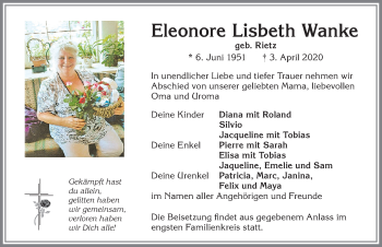 Traueranzeige von Eleonore Lisbeth Wanke von Allgäuer Zeitung,Kempten