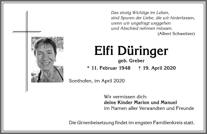  Traueranzeige für Elfi Düringer vom 25.04.2020 aus Allgäuer Anzeigeblatt
