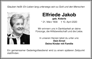 Traueranzeige von Elfriede Jakob von Memminger Zeitung