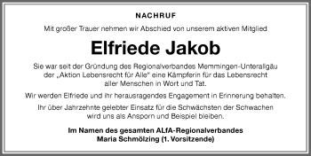 Traueranzeige von Elfriede Jakob von Memminger Zeitung