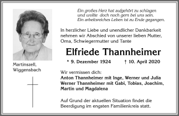 Traueranzeige von Elfriede Thannheimer von Allgäuer Zeitung,Kempten