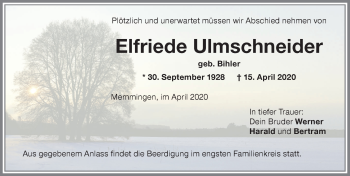 Traueranzeige von Elfriede Ulmschneider von Memminger Zeitung