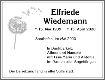 Traueranzeige von Elfriede Wiedemann von Allgäuer Anzeigeblatt