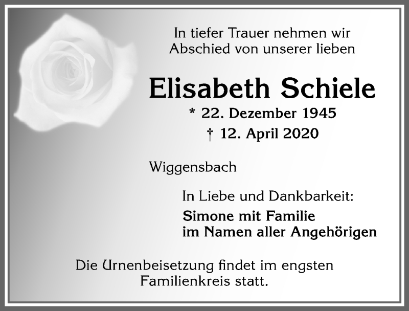  Traueranzeige für Elisabeth Schiele vom 18.04.2020 aus Allgäuer Zeitung,Kempten