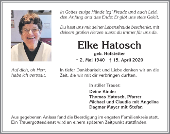 Traueranzeige von Elke Hatosch von Allgäuer Zeitung,Kempten