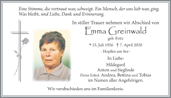 Traueranzeige von Emma Greinwald von Allgäuer Zeitung, Füssen