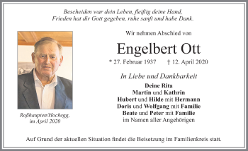Traueranzeige von Engelbert Ott von Allgäuer Zeitung, Füssen
