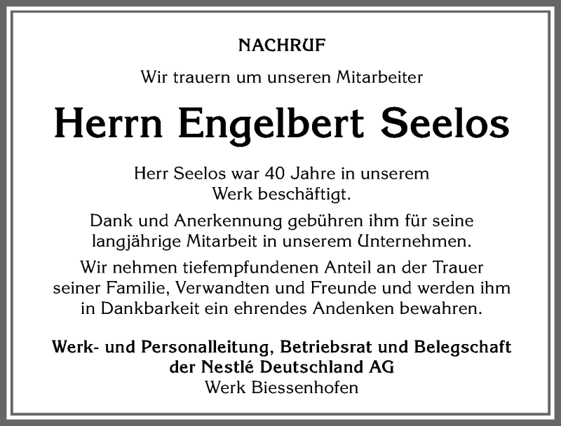  Traueranzeige für Engelbert Seelos vom 06.04.2020 aus Allgäuer Zeitung