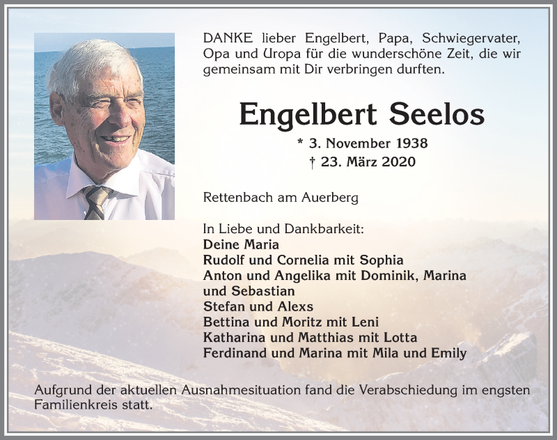  Traueranzeige für Engelbert Seelos vom 06.04.2020 aus Allgäuer Zeitung, Marktoberdorf