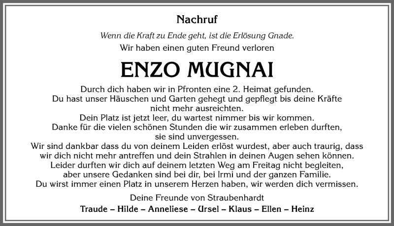  Traueranzeige für Enzo Mugnai vom 25.04.2020 aus Allgäuer Zeitung, Füssen