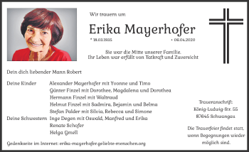 Traueranzeige von Erika Mayerhofer von Allgäuer Zeitung, Füssen