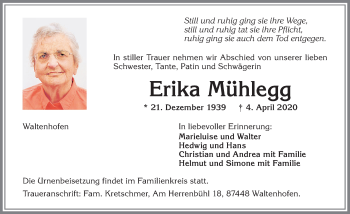 Traueranzeige von Erikas Mühlegg von Allgäuer Zeitung,Kempten