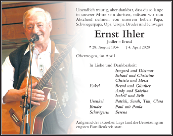 Traueranzeige von Ernst Ihler von Der Westallgäuer