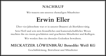 Traueranzeige von Erwin Eller von Der Westallgäuer