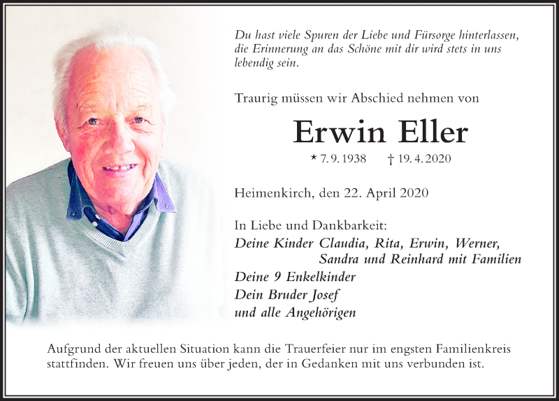  Traueranzeige für Erwin Eller vom 22.04.2020 aus Der Westallgäuer