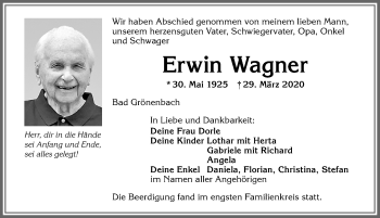 Traueranzeige von Erwin Wagner von Allgäuer Zeitung,Kempten