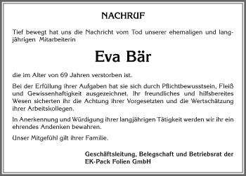 Traueranzeige von Eva Bär von Allgäuer Zeitung,Kempten