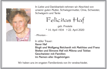 Traueranzeige von Felicitas Haf von Allgäuer Zeitung, Füssen