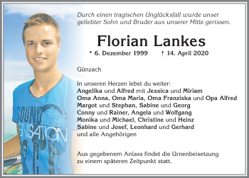 Traueranzeige von Florian Lankes von Allgäuer Zeitung, Marktoberdorf