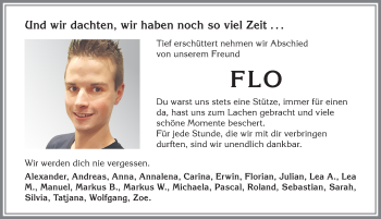 Traueranzeige von Florian Lankes von Allgäuer Zeitung, Marktoberdorf