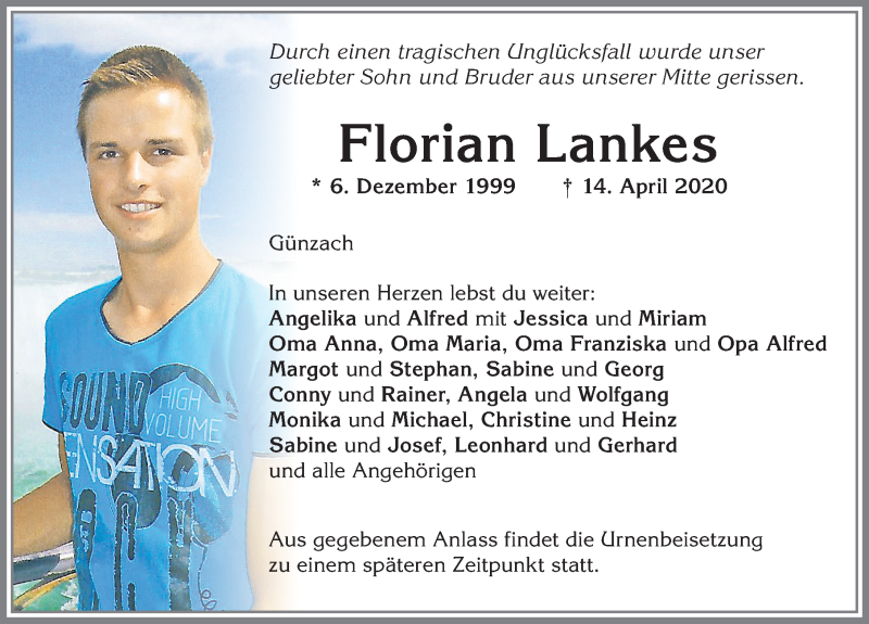  Traueranzeige für Florian Lankes vom 18.04.2020 aus Allgäuer Zeitung, Marktoberdorf