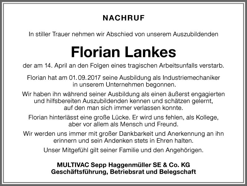  Traueranzeige für Florian Lankes vom 22.04.2020 aus Allgäuer Zeitung