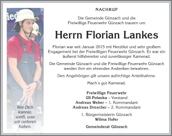Traueranzeige von Florian Lankes von Allgäuer Zeitung, Marktoberdorf