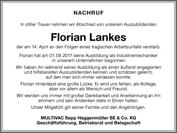 Traueranzeige von Florian Lankes von Allgäuer Zeitung