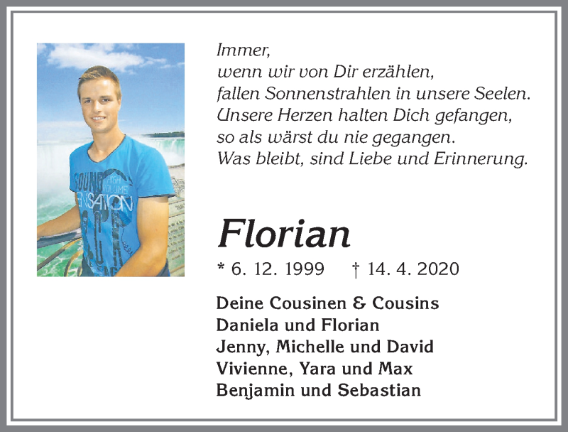  Traueranzeige für Florian Lankes vom 20.04.2020 aus Allgäuer Zeitung