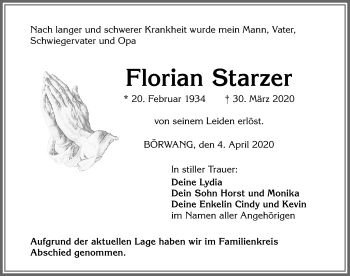 Traueranzeige von Florian Starzer von Allgäuer Zeitung,Kempten