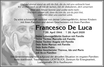 Traueranzeige von Francesco De Luca von Allgäuer Zeitung, Kaufbeuren/Buchloe