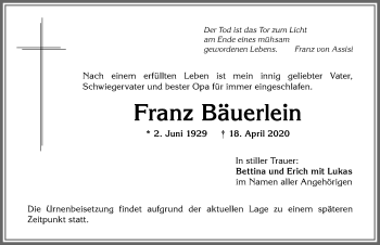 Traueranzeige von Franz Bäuerlein von Allgäuer Anzeigeblatt