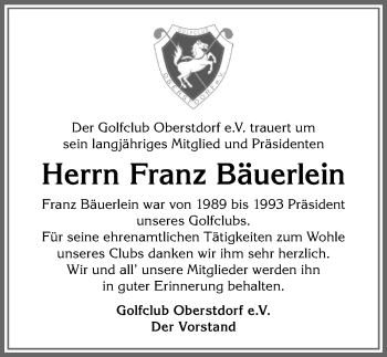 Traueranzeige von Franz Bäuerlein von Allgäuer Anzeigeblatt