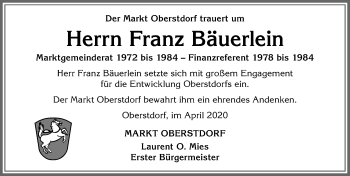 Traueranzeige von Franz Bäuerlein von Allgäuer Anzeigeblatt