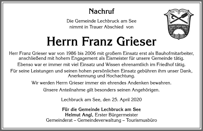  Traueranzeige für Franz Grieser vom 25.04.2020 aus Allgäuer Zeitung, Füssen