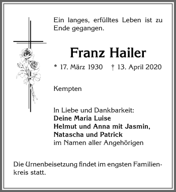 Traueranzeige von Franz Hailer von Allgäuer Zeitung,Kempten