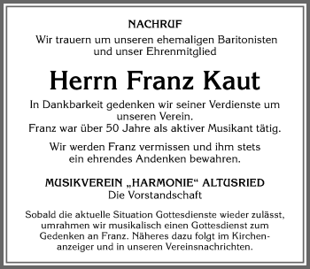 Traueranzeige von Franz Kaut von Allgäuer Zeitung,Kempten