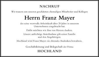 Traueranzeige von Franz Mayer von Der Westallgäuer