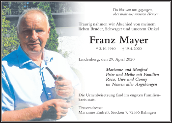 Traueranzeige von Franz Mayer von Der Westallgäuer