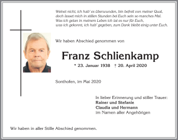 Traueranzeige von Franz Schlienkamp von Allgäuer Anzeigeblatt