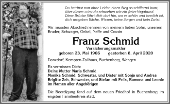 Traueranzeige von Franz Schmid von Allgäuer Zeitung,Kempten
