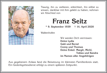 Traueranzeige von Franz Seitz von Allgäuer Zeitung,Kempten