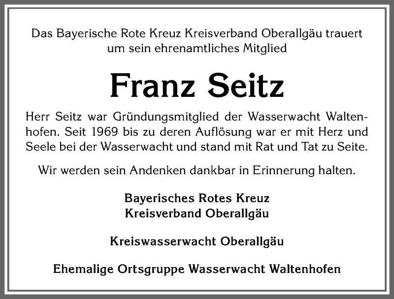  Traueranzeige für Franz Seitz vom 25.04.2020 aus Allgäuer Zeitung,Kempten