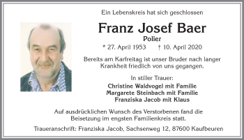 Traueranzeige von Franz Josef Baer von Allgäuer Zeitung