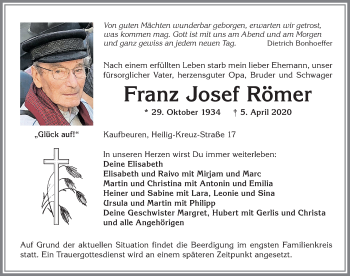Traueranzeige von Franz Josef Römer von Allgäuer Zeitung, Kaufbeuren/Buchloe
